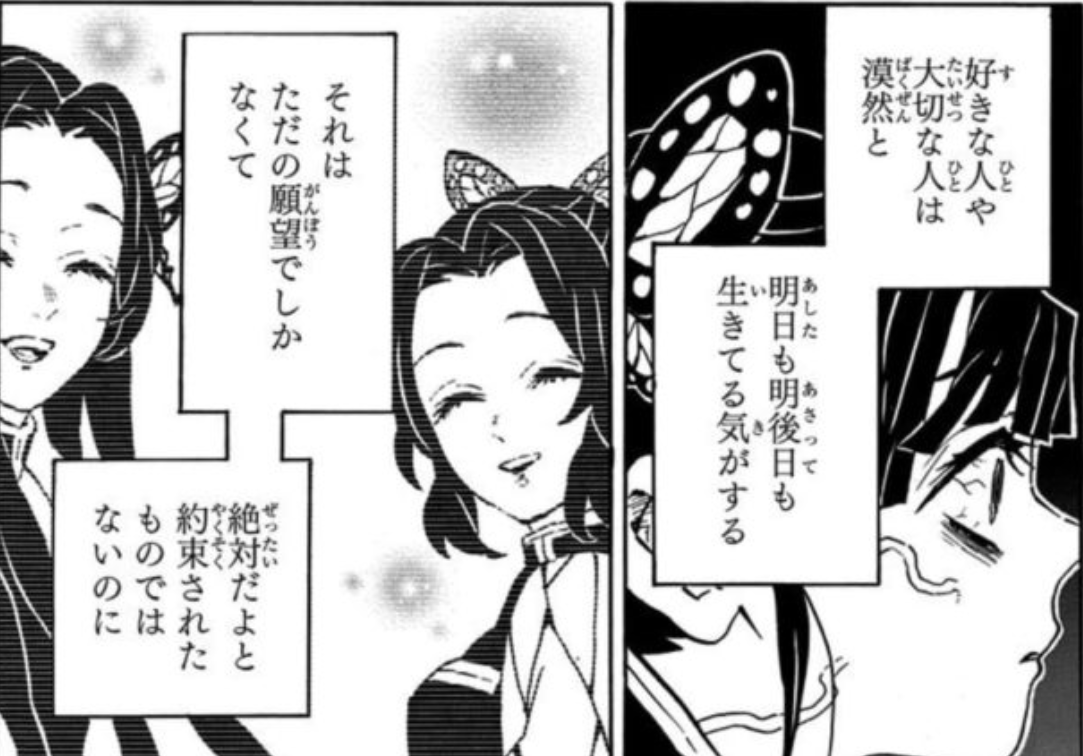 好きな人や大切な人は漠然と明日も明後日も生きてる気がする それはただの願望でしかなくて絶対だよと約束されたものではないのに（鬼滅の刃 栗花落カナヲ 名言）