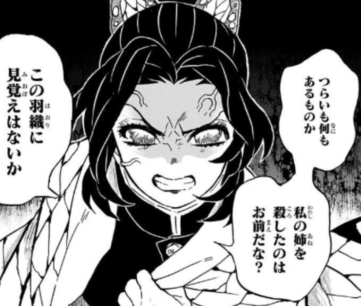 つらいも何もあるものか 私の姉を殺したのはお前だな？この羽織に見覚えはないか（胡蝶しのぶ 名言）